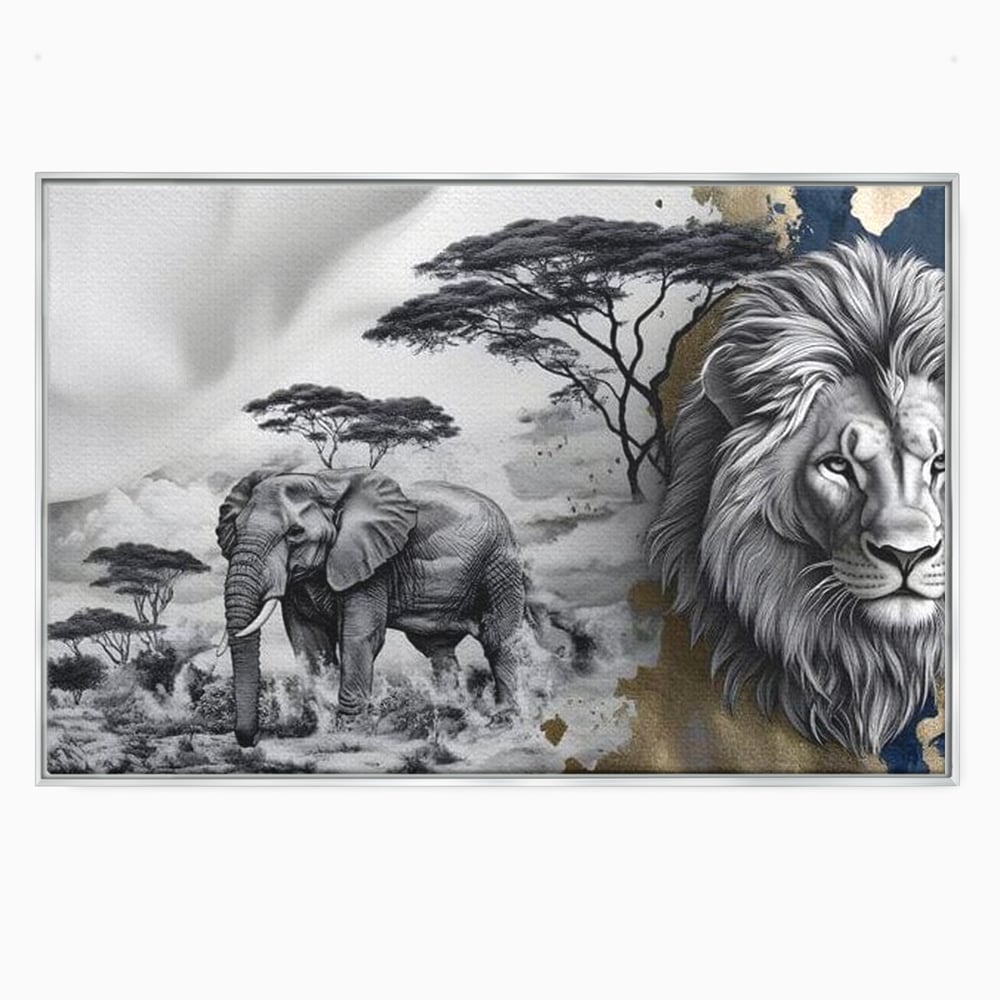 Tablou canvas cu tablou canvas cu leu si elefant, in rama de aluminiu argintiu